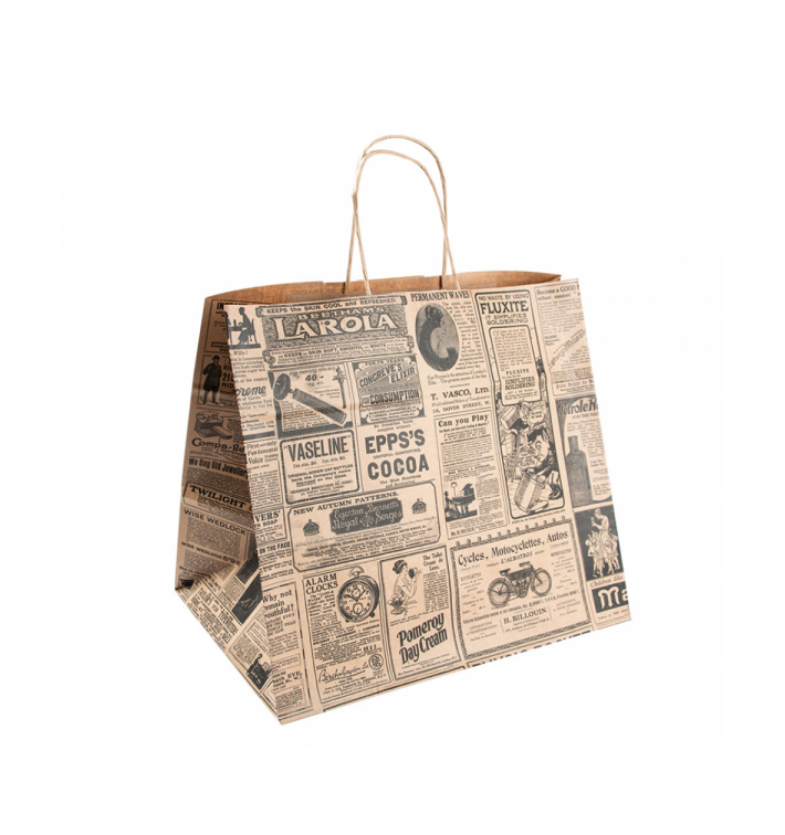 Papírové Tašky Kraft s Ouškems " Noviny " 80g 26+14x32 cm (50 Kousky) Papírové Tašky Kraft s Ouškems " Noviny " 80g 26+14x32 cm (50 Kousky)