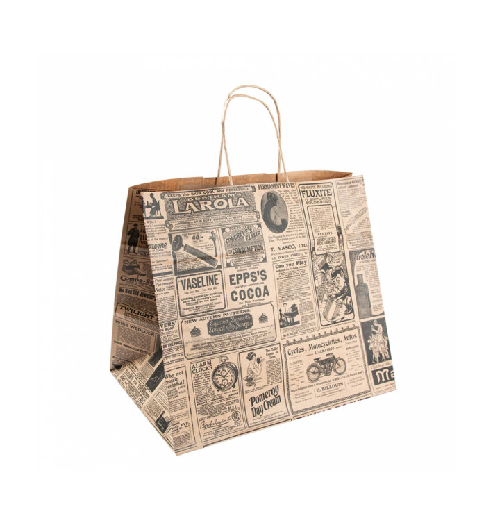 Papírové Tašky Kraft s Ouškems " Noviny " 80g 26+14x32 cm (250 Kousky) Papírové Tašky Kraft s Ouškems " Noviny " 80g 26+14x32 cm (250 Kousky)